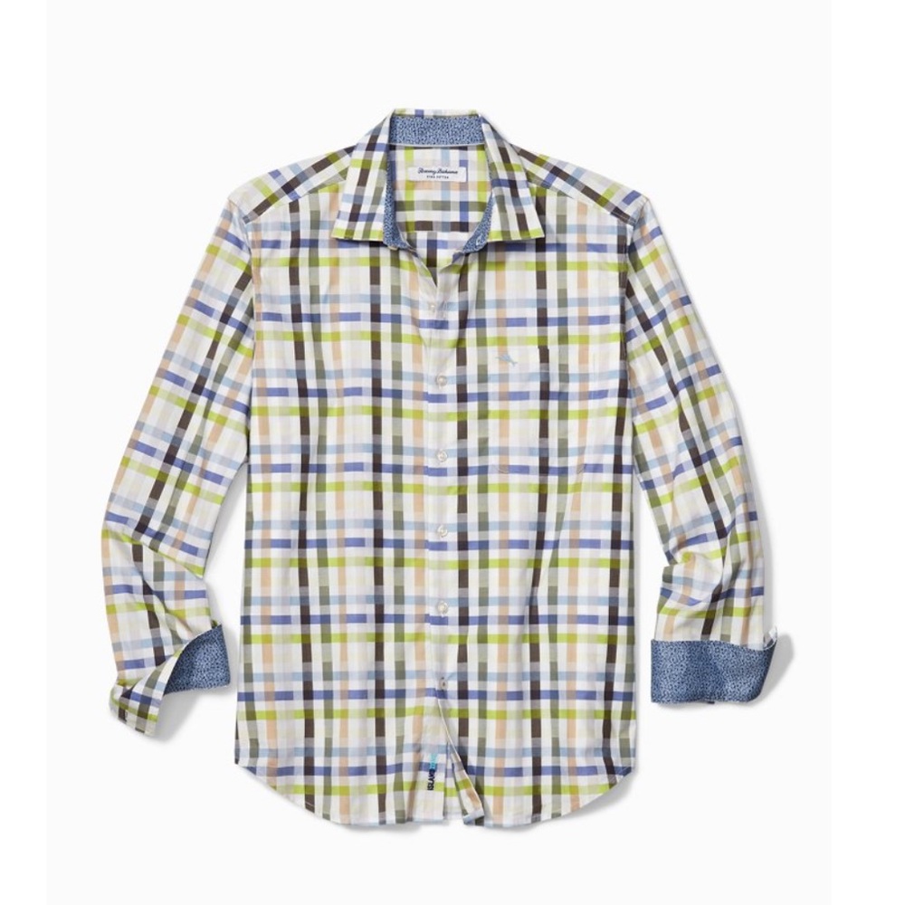 Tommy Bahama Matina Check IslandZone® Shirt Gray Tan Light Green Sz M